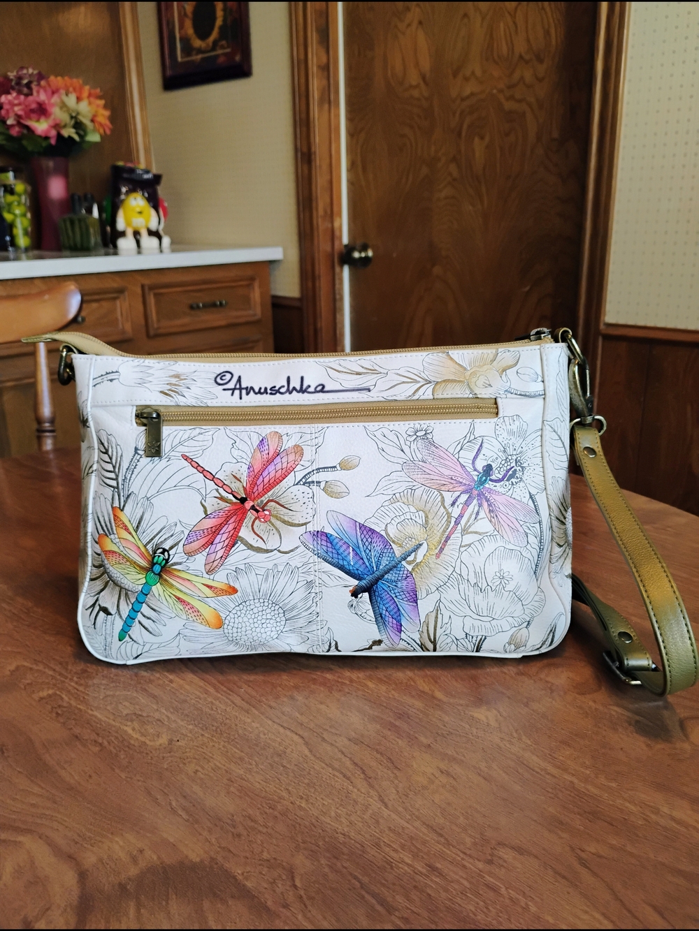 Anuschka "Dragonfly Garden" Colorful Hand-painted Leather Crossbody Bag / Purse